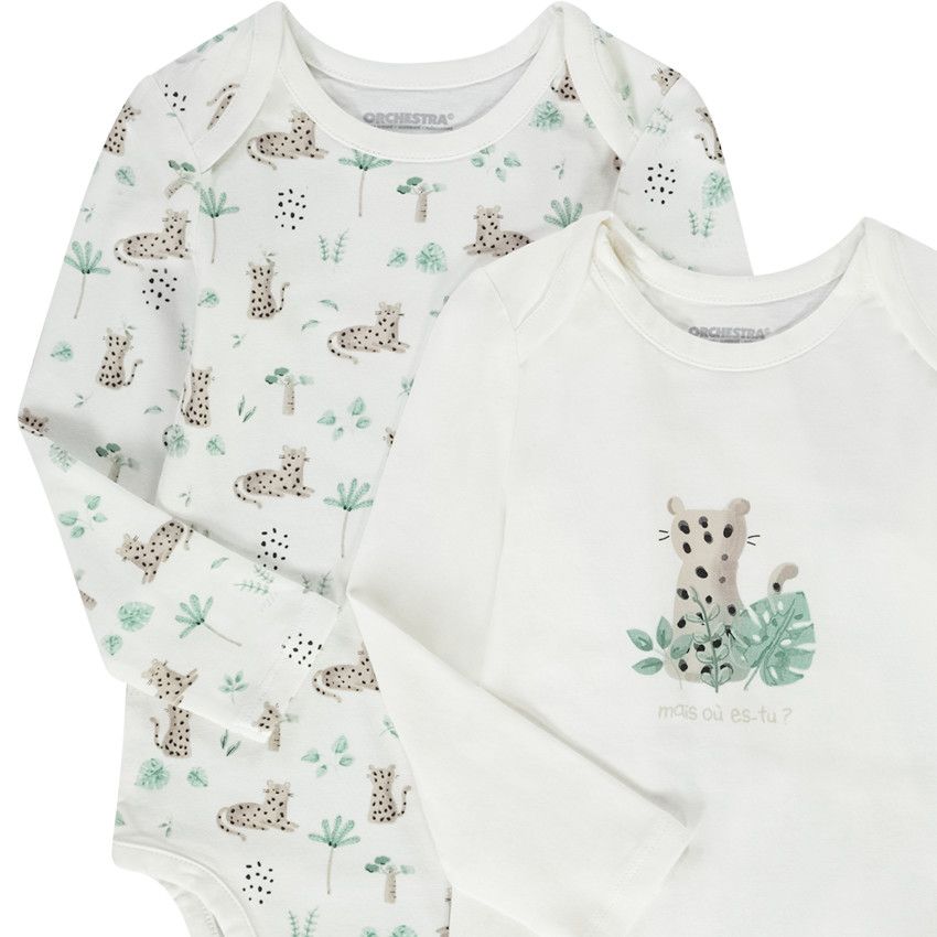 Lot de 5 bodies manches longues motifs léopard pour bébé garçon avec ouvertures différentes selon l'âge - Ecru