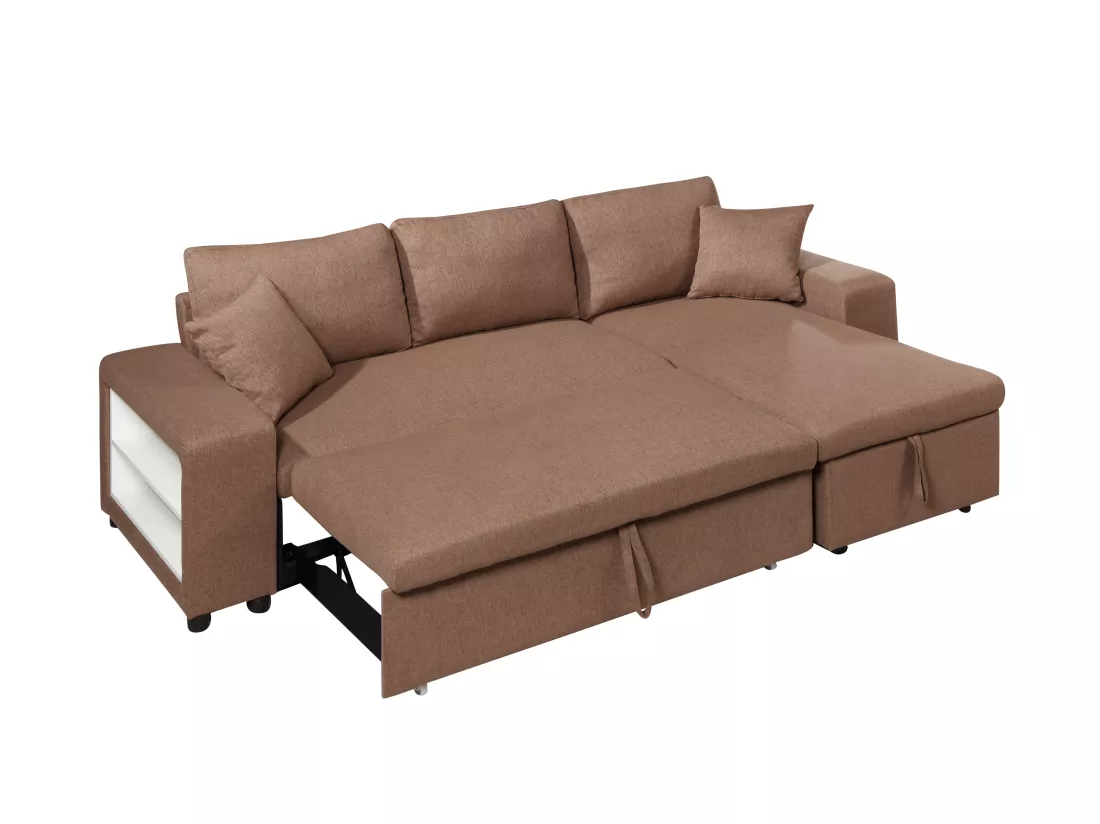 Canapé d'angle convertible et réversible en tissu avec coffre de rangement et poufs marron SELIM