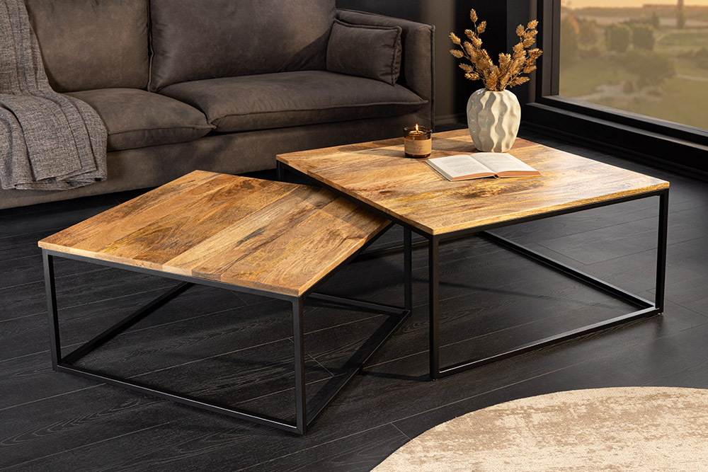 Design Couchtisch 2er Set ELEMENTS 75cm Mangoholz braun schwarzes Gestell