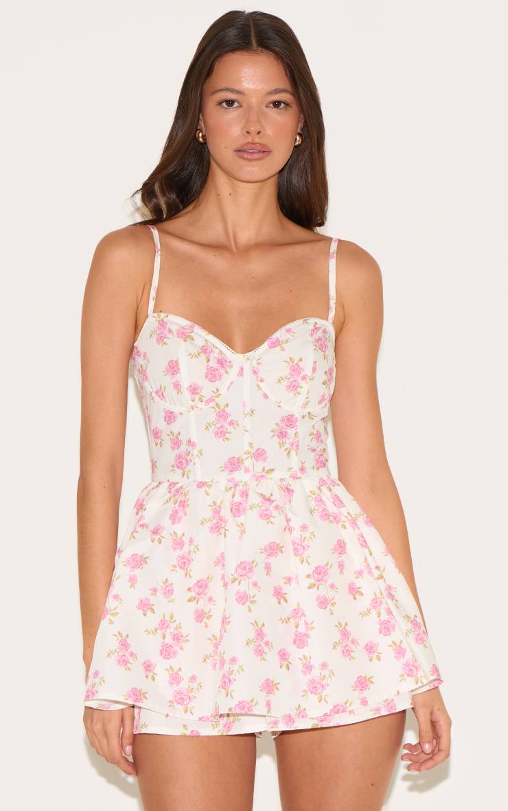 Rose Combi-short Jupe-short Fluide À Imprimé Fleuri Et Détail Corset