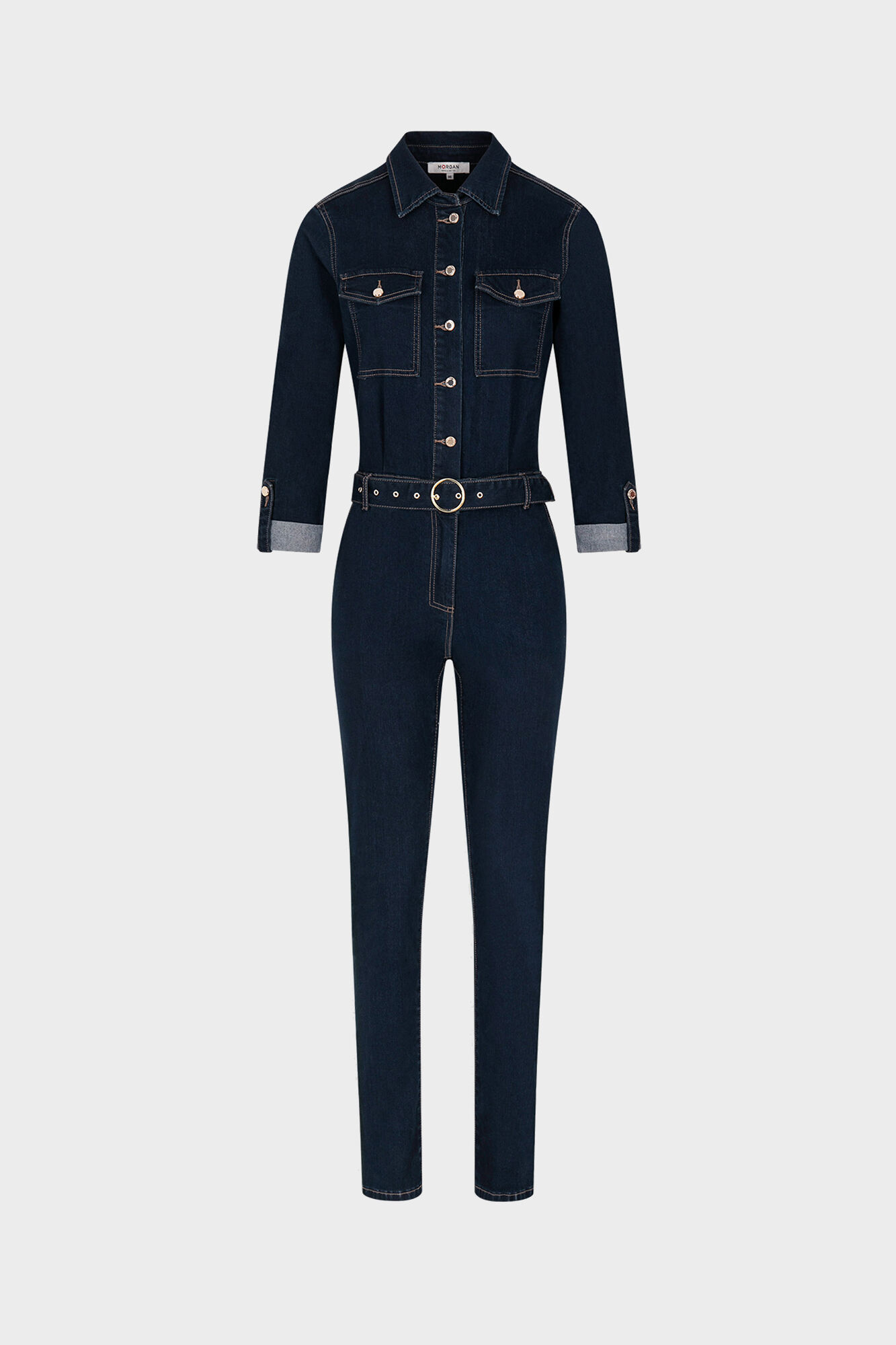 Macacão jeans comprido e ajustado com fechamento por botões - Azul marinho