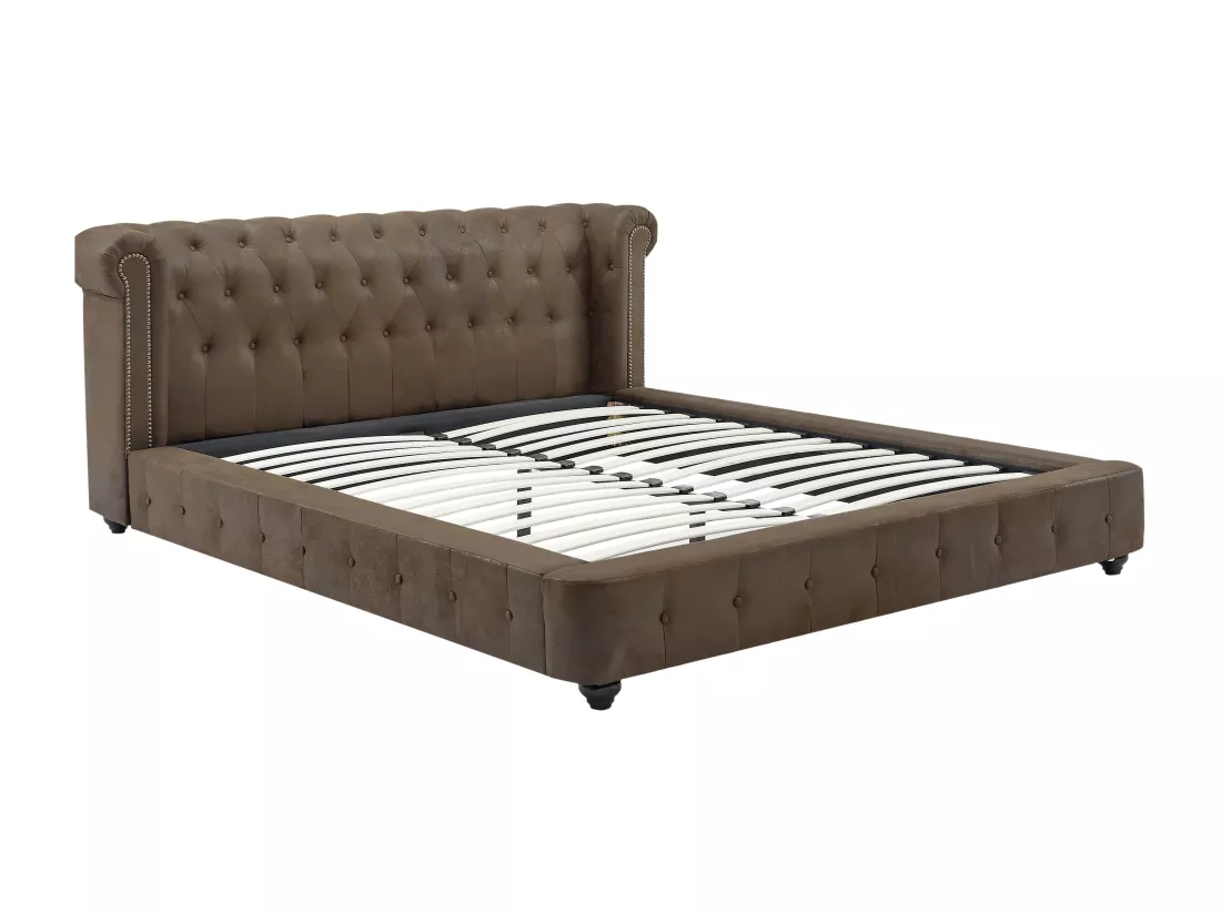 Lit chesterfield 160 x 200 cm - Tissu effet cuir vieilli - Marron - TONGERLA