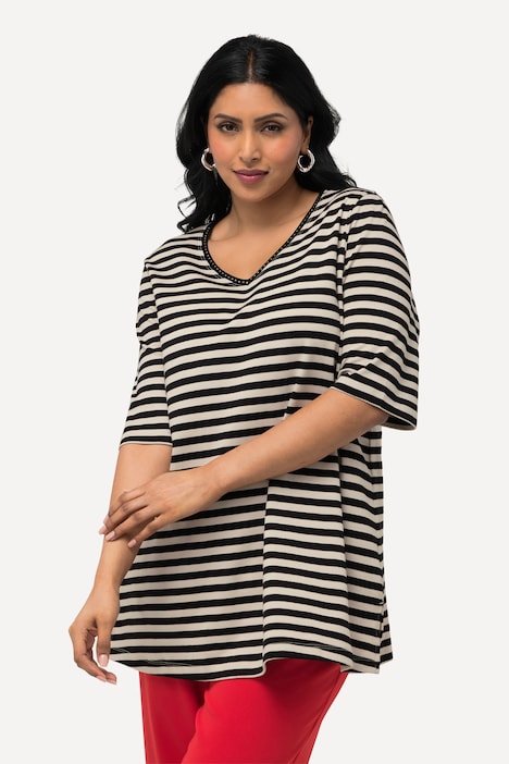 T-Shirt, Pima Cotton, Ringel, V-Ausschnitt, Halbarm