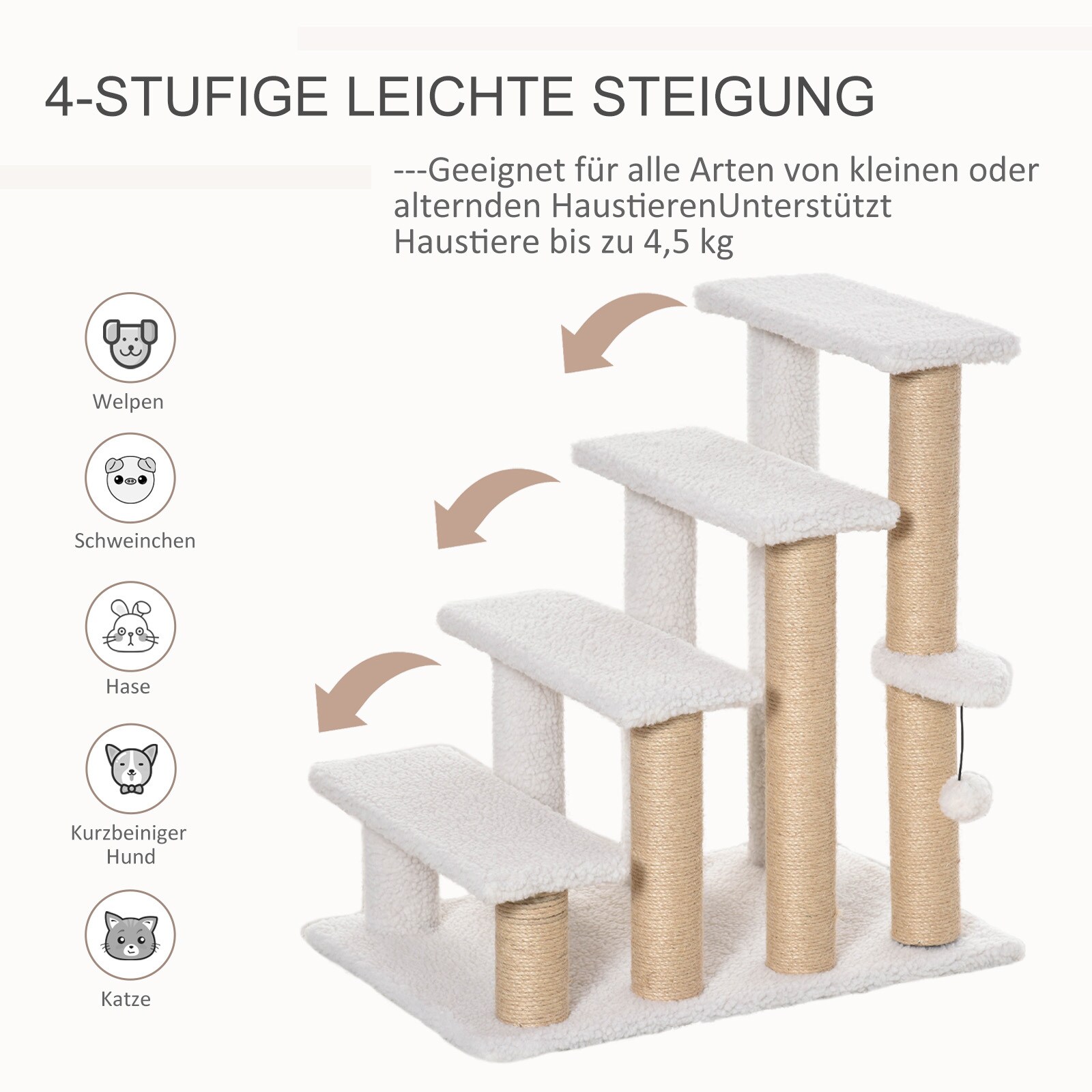 PawHut Haustiertreppe mit Krätzsäulen weiß 60 x 40 x 64 cm (LxBxH)