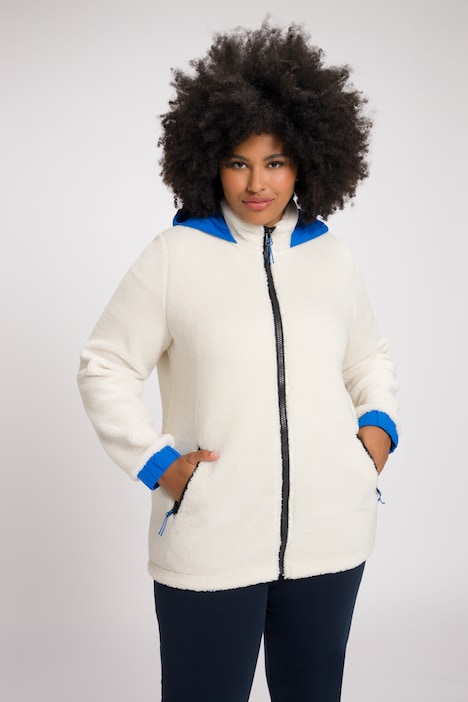 Teddyjacke, Kapuze, Stehkragen, hinten länger