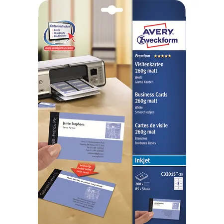 Avery Zweckform C32015-25 Premium Visitenkarten, 85 x 54 mm, beidseitig beschichtet, 200 Karten / 25 Bogen