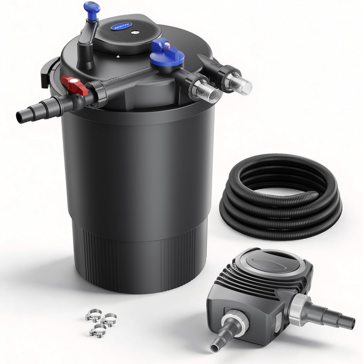 SunSun Komplettset: CPF-30000 Teichdruckfilter bis 12000 L mit 55 Watt UV-C Teichklärer, NEO8000 SuperEco Teichpumpe 8000l/h 70W, 10m Teichschlauch 38 mm (1 1/2'), Schlauchschellen W1 44-47mm