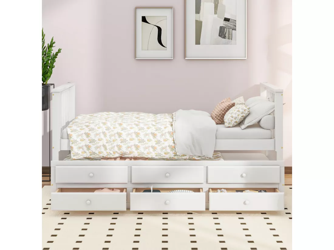 Lit gigogne 90x200cm+90x190cm, lit d'enfant Lit de jour en bois massif et MDF, avec 3 tiroirs, blanc