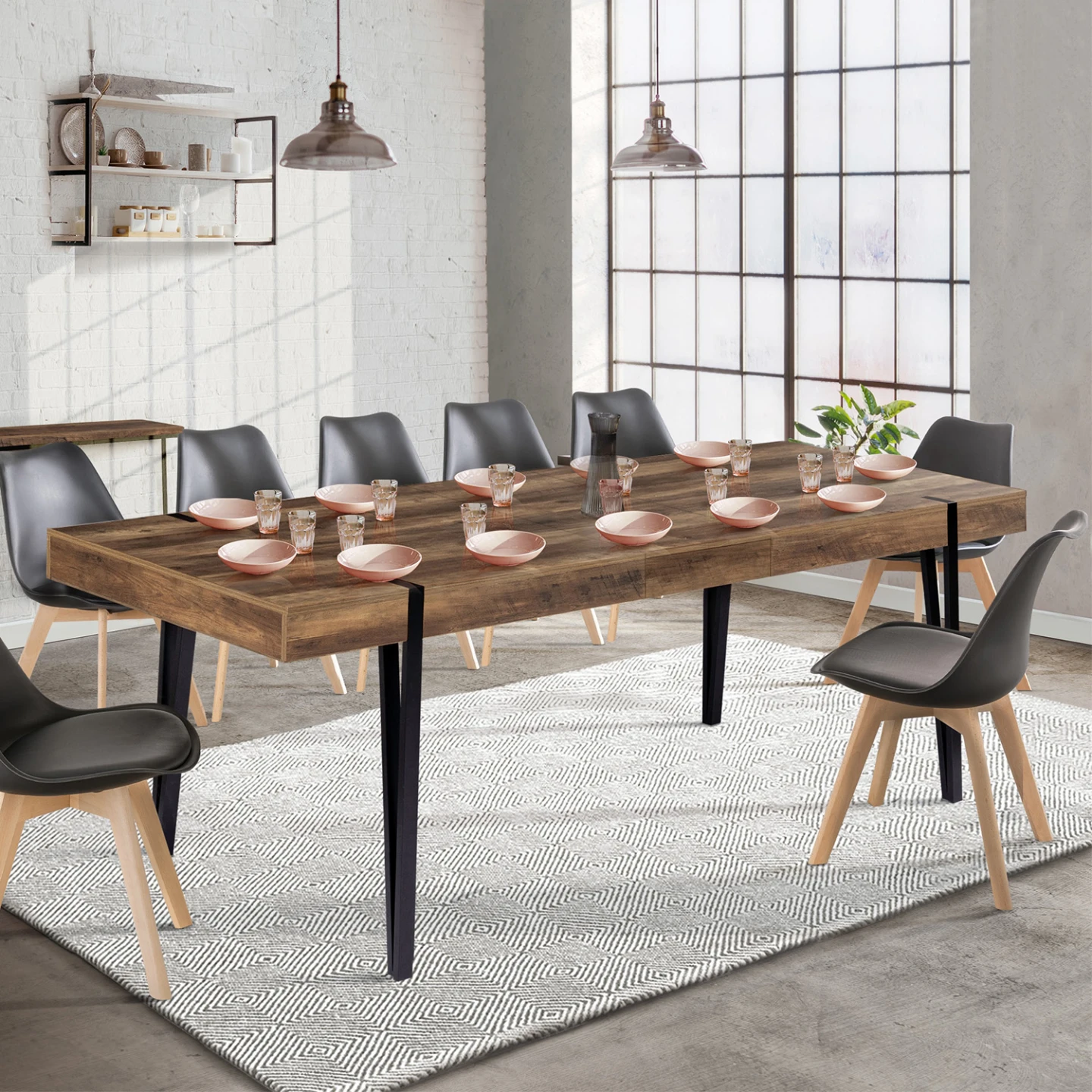 Table à manger extensible rectangle AUSTRIA 8-12 personnes bois pied épingle noir 200-240 cm