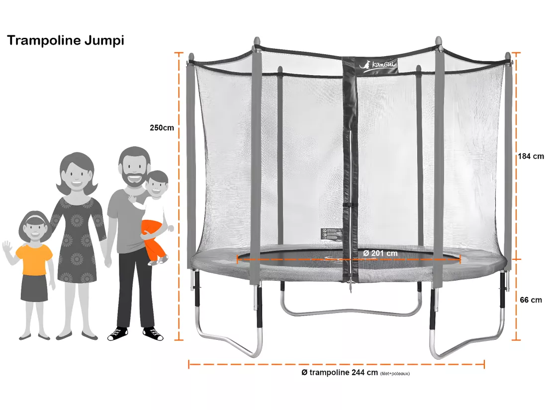 Kangui - Trampoline de jardin 244 cm + filet de sécurité + échelle + bâche de protection JUMPI Taupe/Vert 250
