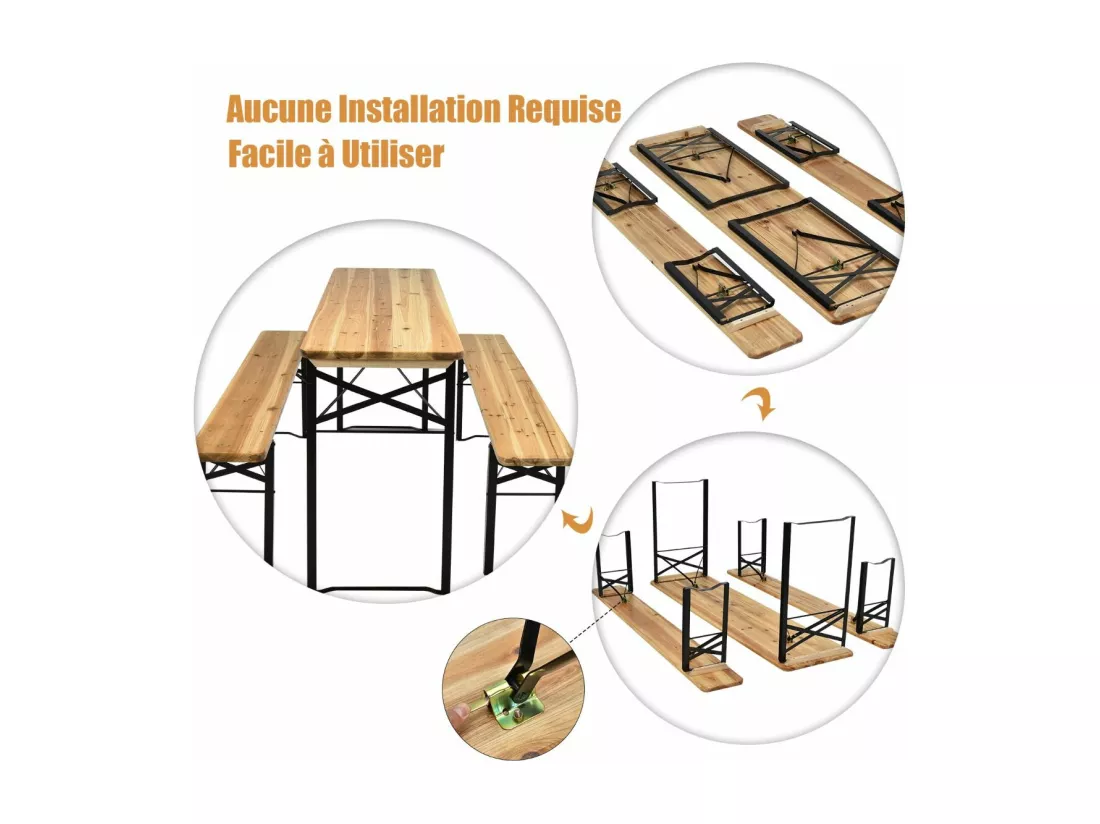 Ensemble Table Pliante et Bancs de Pique-Nique pour 4 personnes, Set de Table et Chaises en Bois pour Camping avec Tubes d'acier Pulvérisé Résistant aux Intempéries