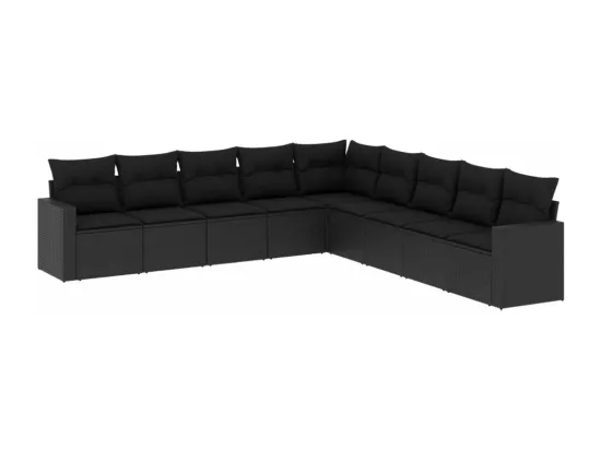 Salon de jardin 9 pcs avec coussins noir résine tressée
