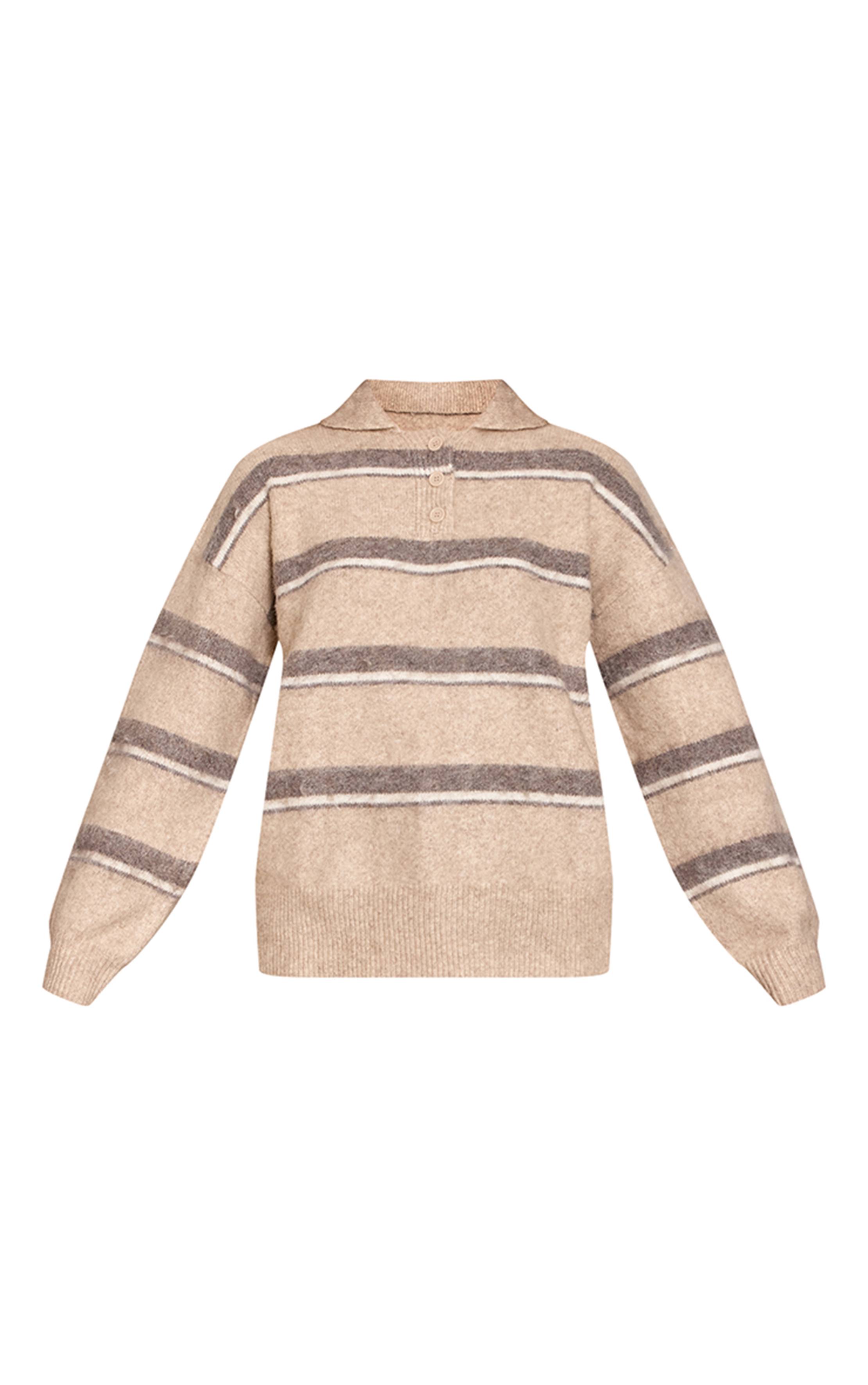 Taupe Synthétiquell Oversize Style Rugby En Maille Brossée À Rayures