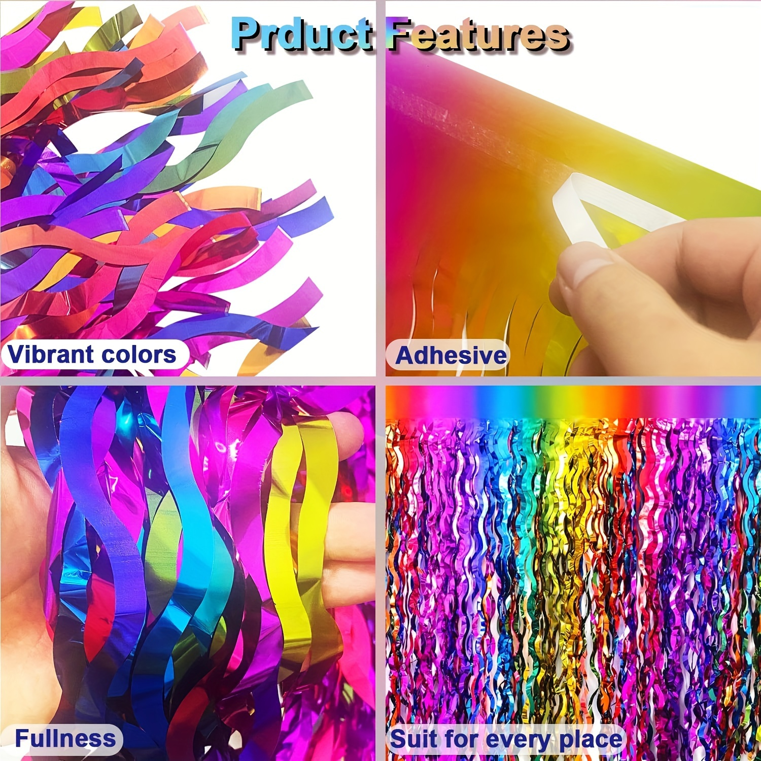 (2er Set) 275x75cm Party Tisch Deko Gewellter Lametta Vorhang Glänzender Fransen Vorhang - Regenbogen