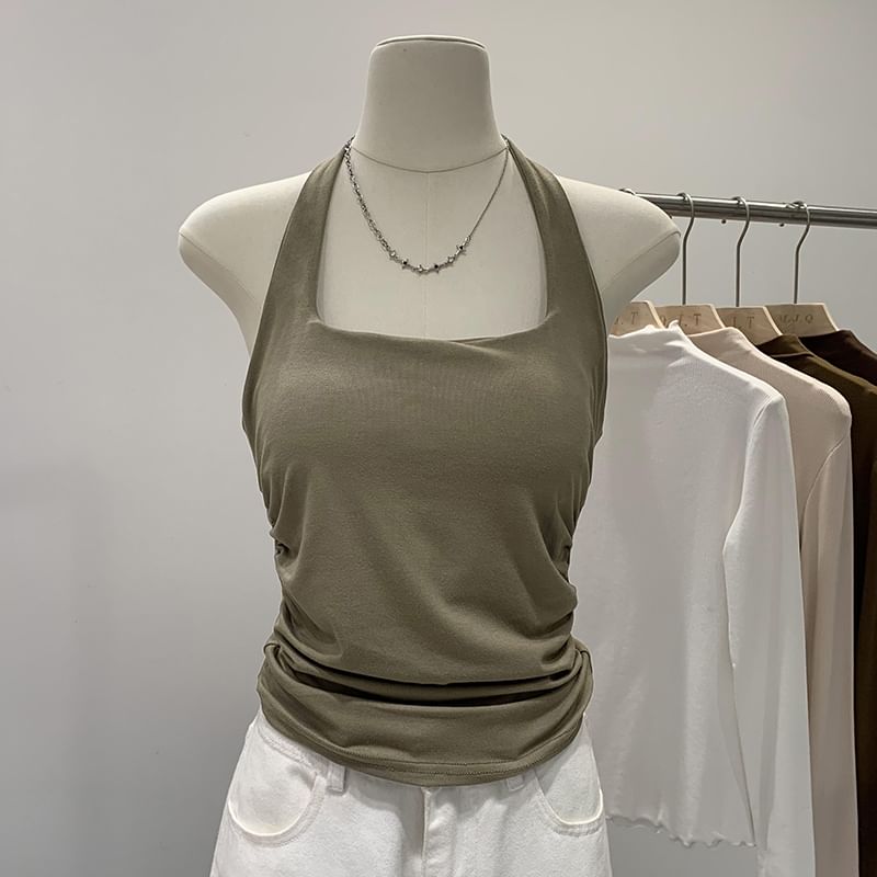 Only Here - Haltertop met vierkante hals, effen gerimpeld en open rug, cropped gebreide top