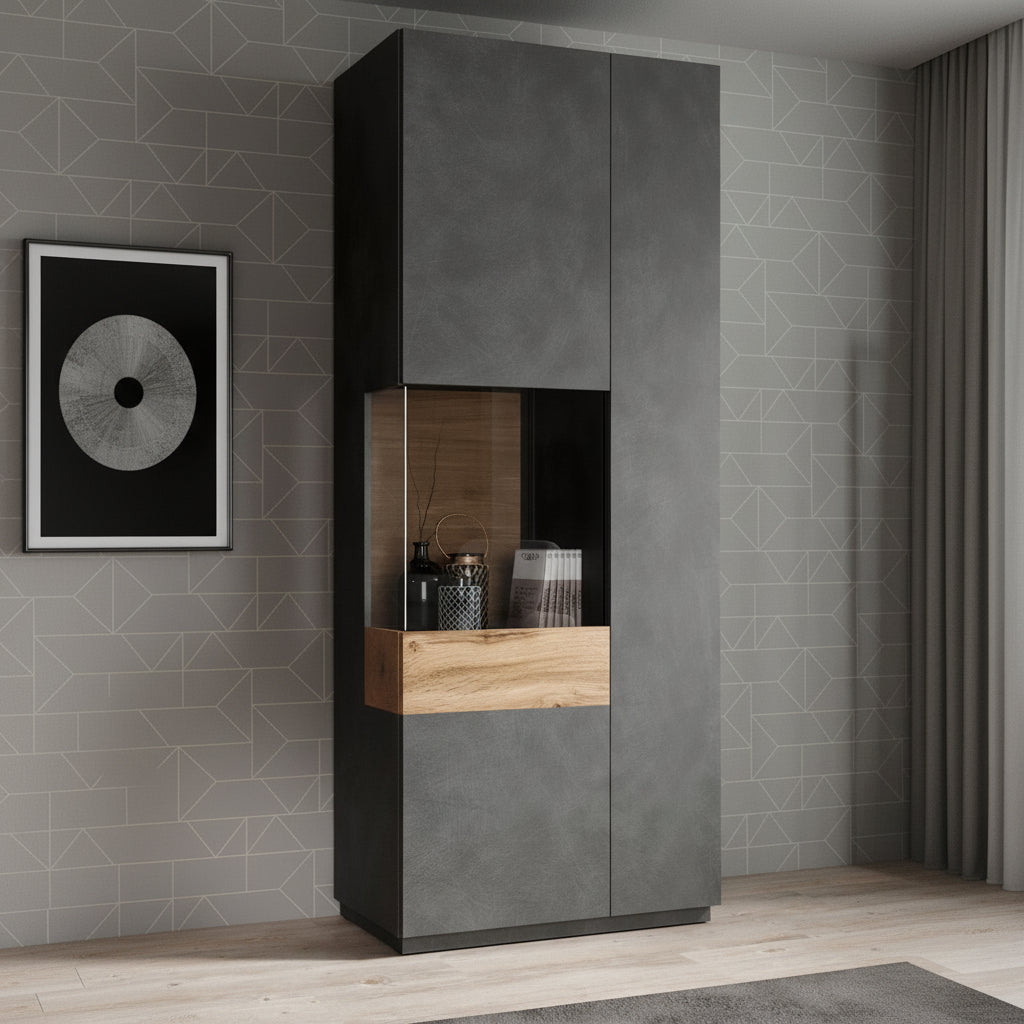 Sublime - Vitrinekast - Grijs/eiken - 80x40x207 cm