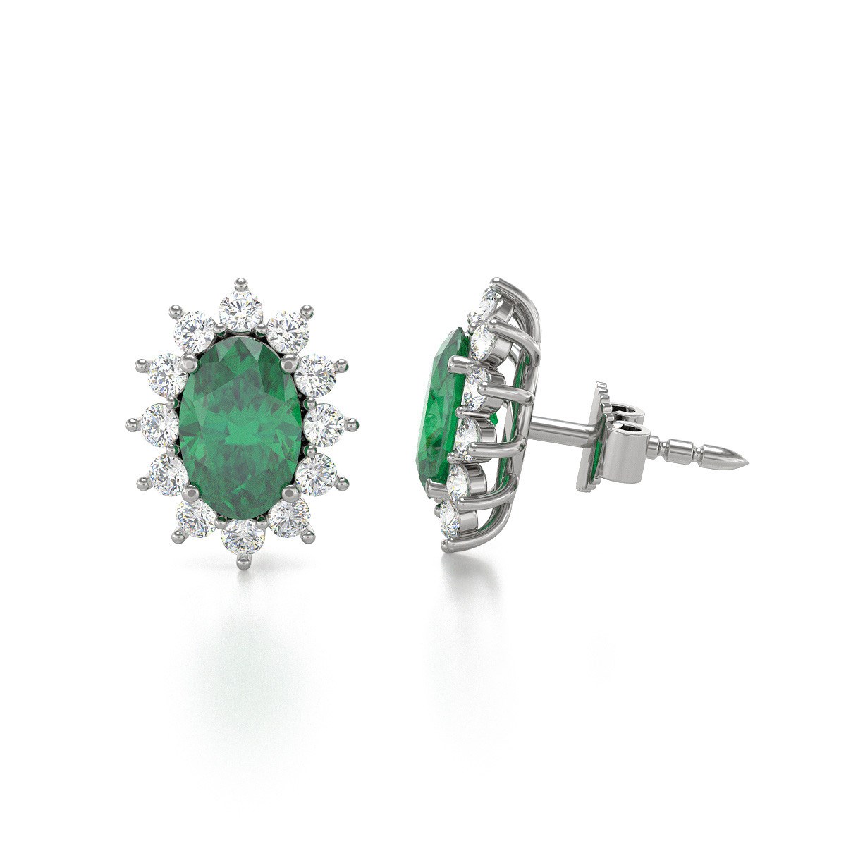 Boucles d'oreilles ADEN Or 585 Blanc et Emeraude Forme Marquise 1.4grs