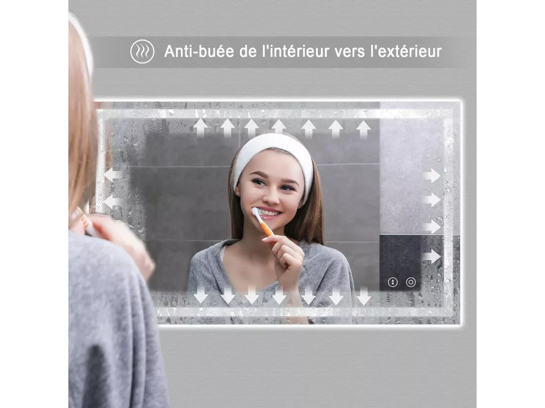 Miroir Rectangulaire Salle de Bain avec Lumière LED, Miroir 3 Couleur Changeable, Antibuée, Verticale/Horizontale - 100 x 60 cm