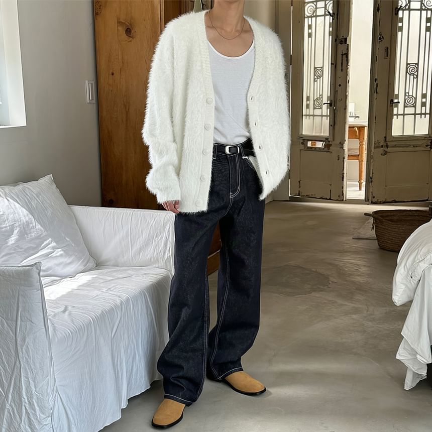 mopagrati - V-hals effen pluizige cardigan met knoopjes