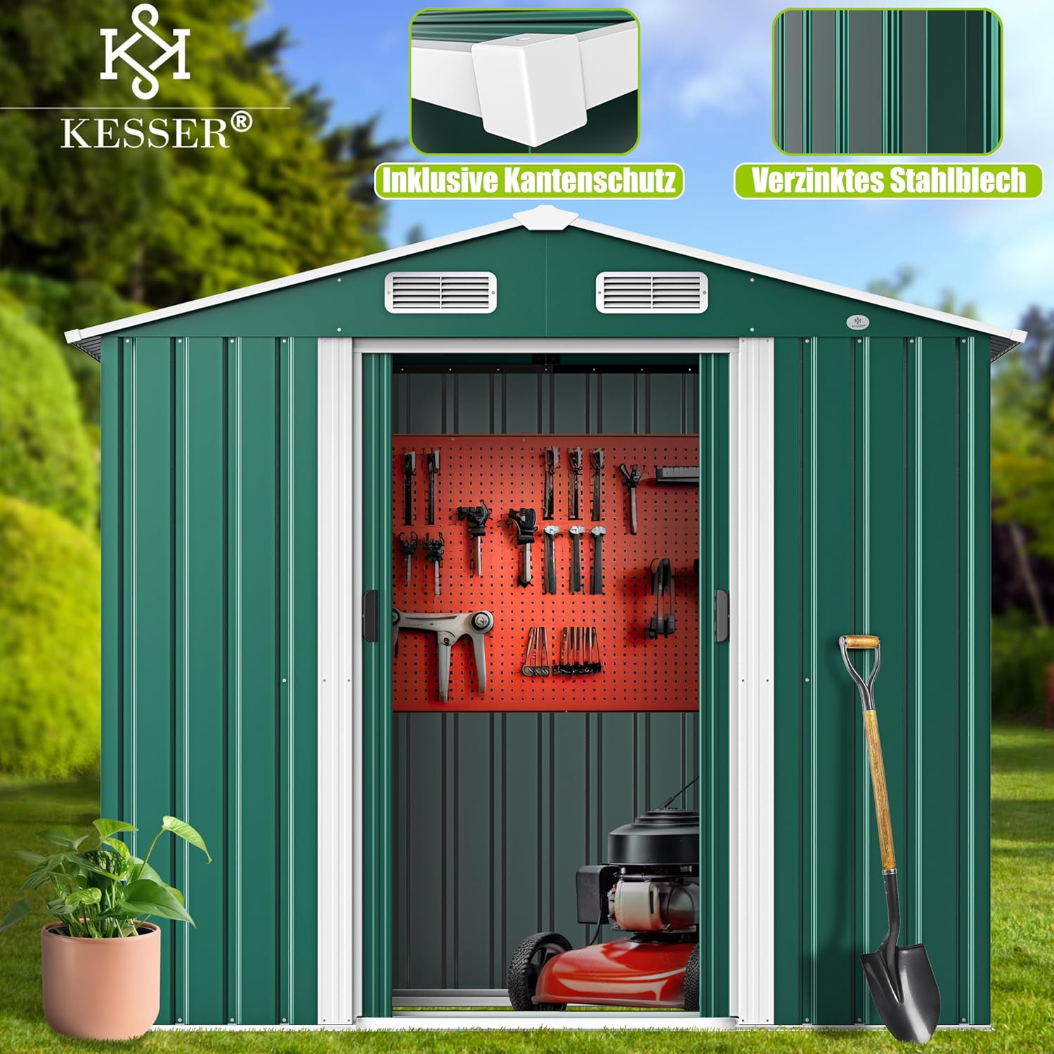 KESSER® XL Metall Gerätehaus 4,2m³ mit Fundament | Inkl. Arbeitshandschuhe | 195x131x186cm | 2X Schiebetür & Fundament | Geräteschuppen | Gartenhaus Schrank | Satteldachdach Garten Schuppen Grün