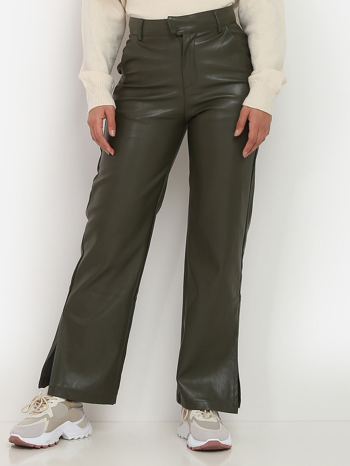 Pantalon large en simili à fentes- Vert