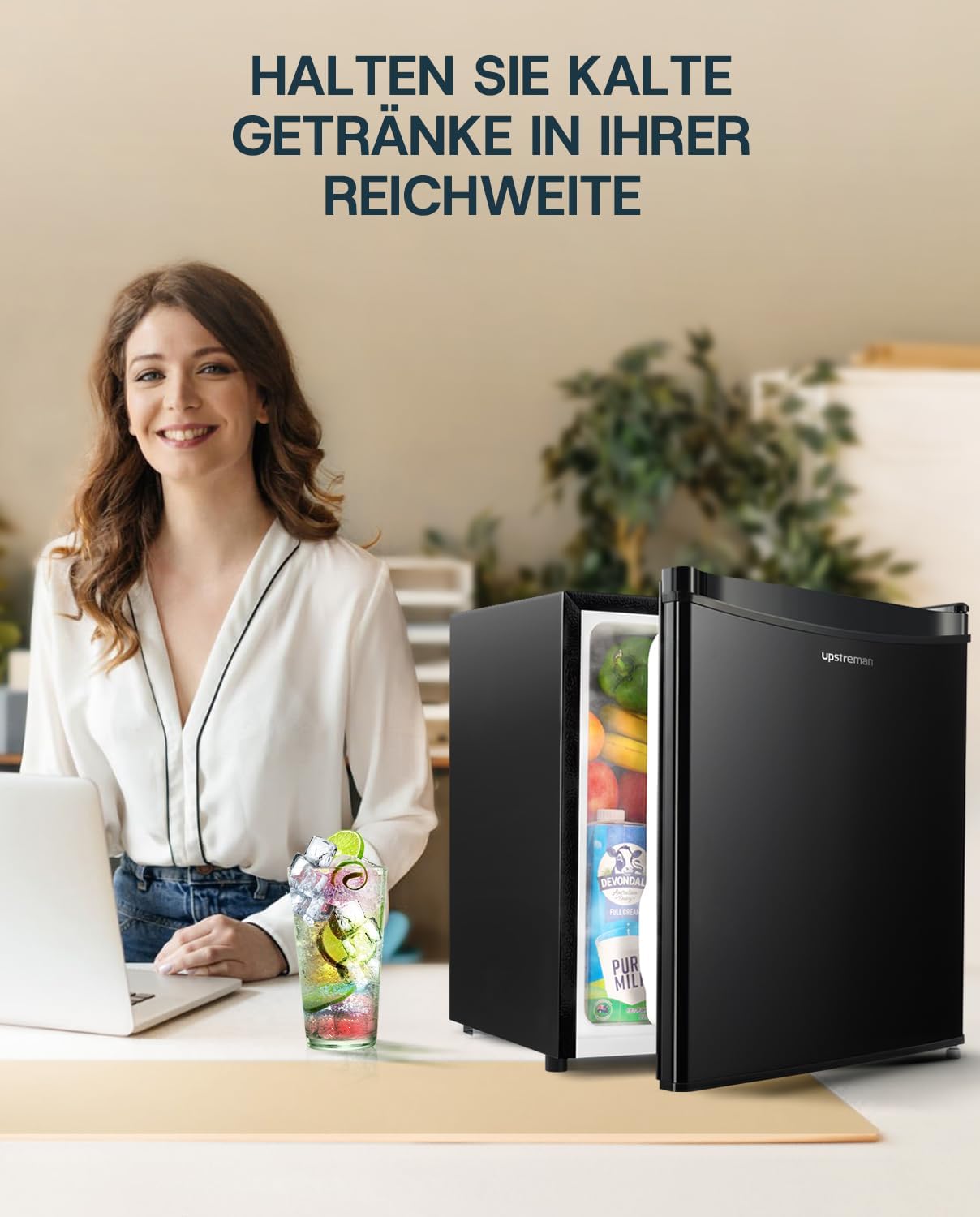 Upstreman 46L Mini-Kühlschrank mit Gefrierfach, Energiesparend und Leise - Kleiner Kühlschrank Ideal für Schlafzimmer und Wohnräume