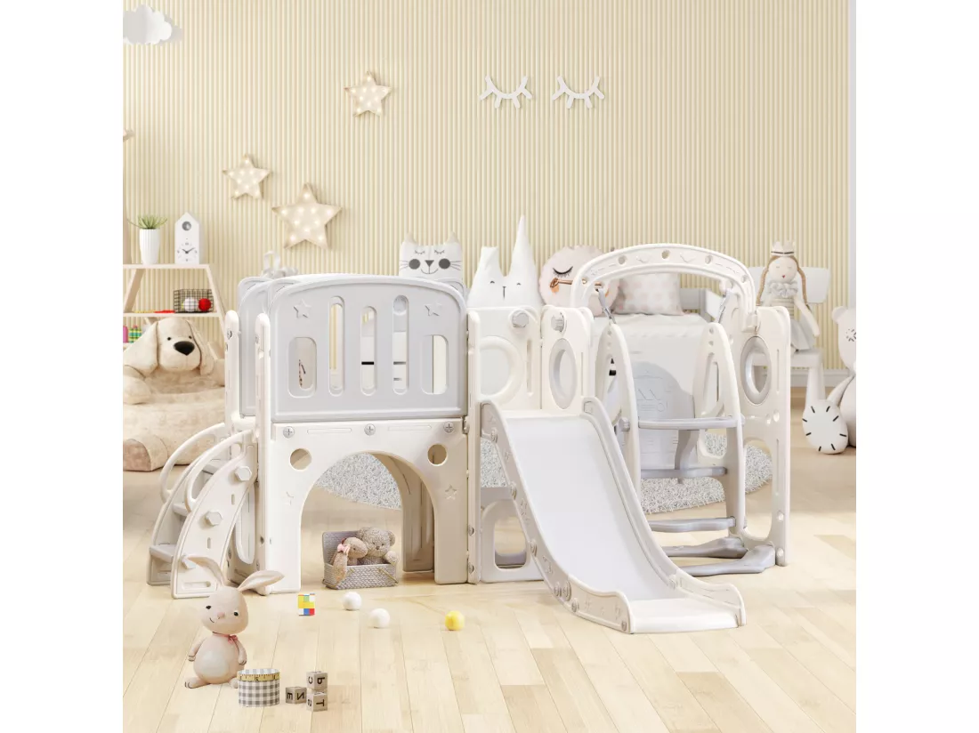 Toboggan 7 en 1 pour enfant, avec balançoire, plate-forme, zone de rangement, arcade, panier de basket, escalier, PEHD, gris+blanc