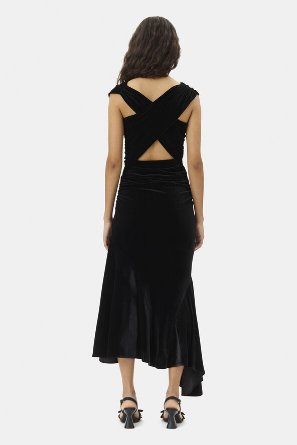 Ganni Velvet Jersey Ruched Crossover Dres Black