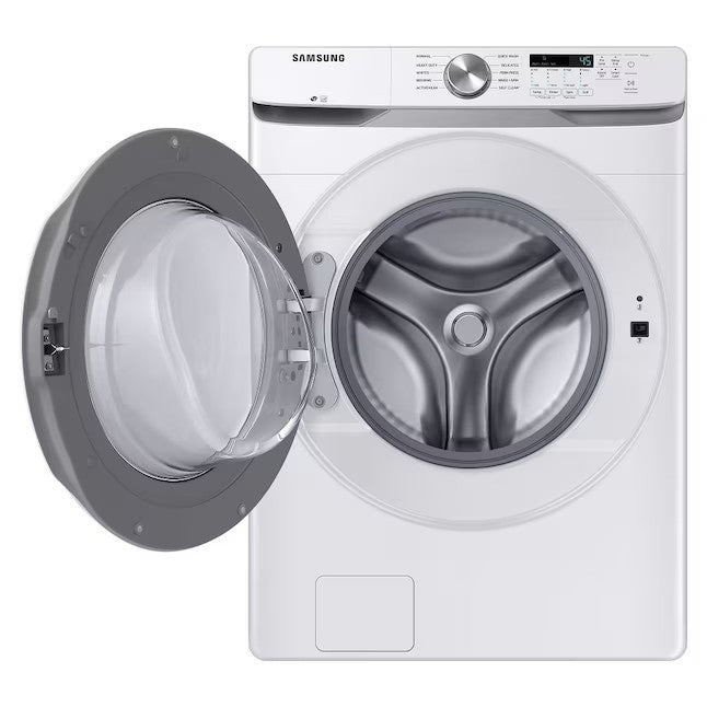 Lavadora de carregamento frontal empilhável de alta eficiência Samsung de 4,5 pés cúbicos (branca) com certificação ENERGY STAR.