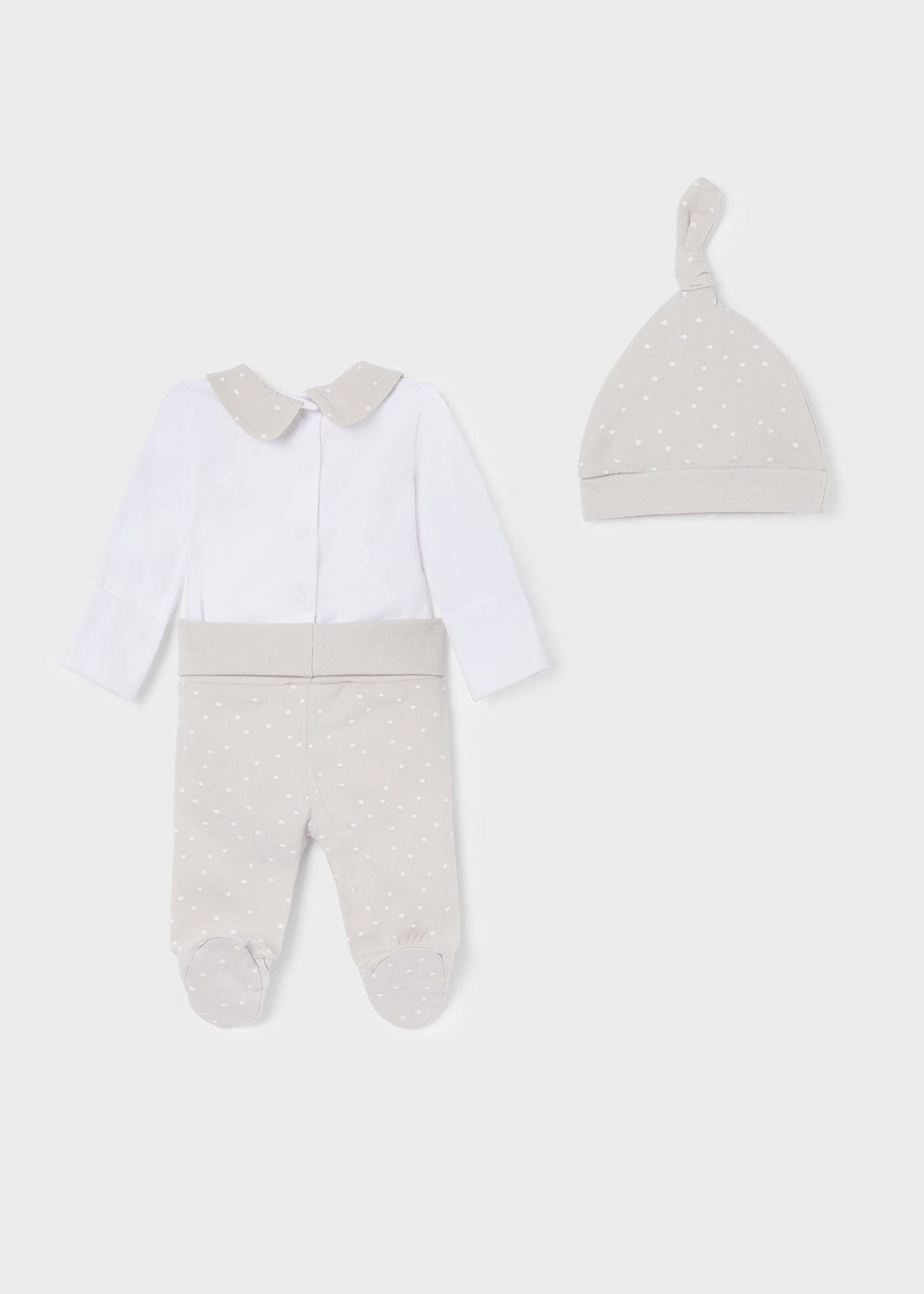 Conjunto de 3 peças em algodão sustentável para recém-nascidos.
