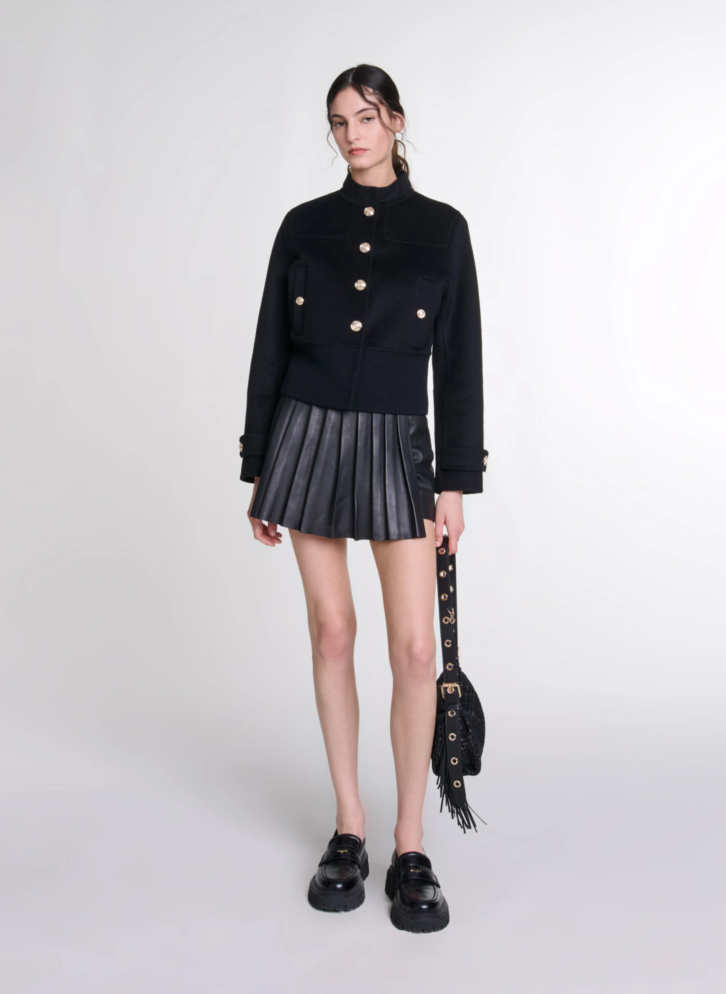 Blouson col montant en laine mélangée | Noir