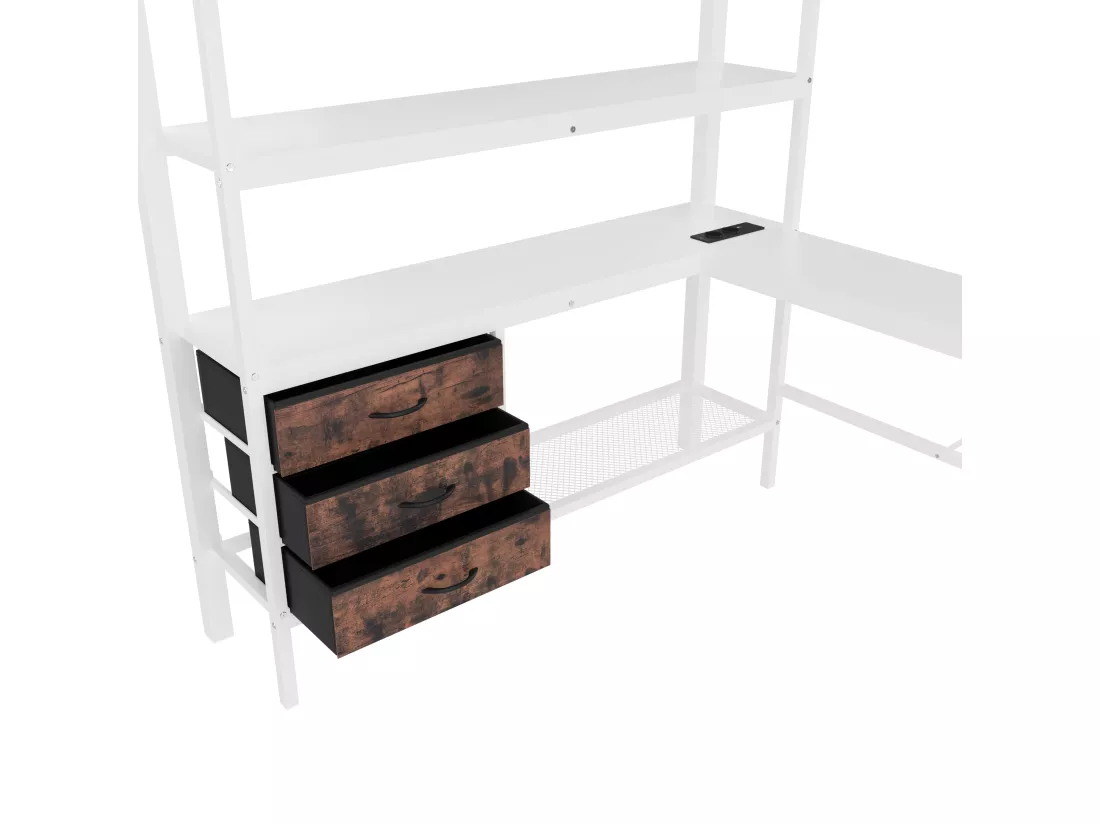 Lit mezzanine 140x200cm avec LED et prises - bureau avec 3 tiroirs et étagère - Blanc