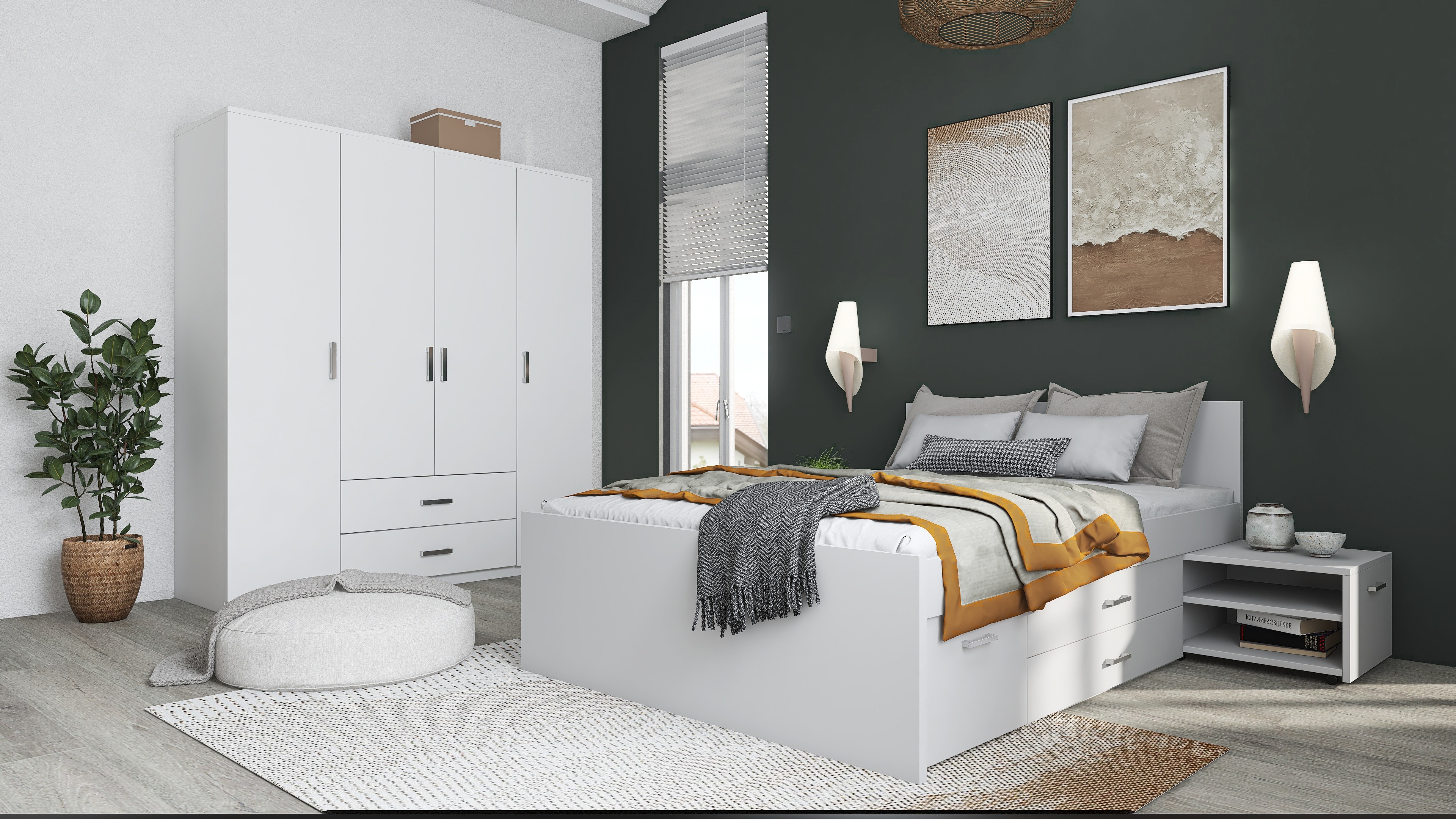 Inter Link Kinderbett Funktionsbett Ranya 140x200 cm inkl. 2 Nachtkommoden - Weiss