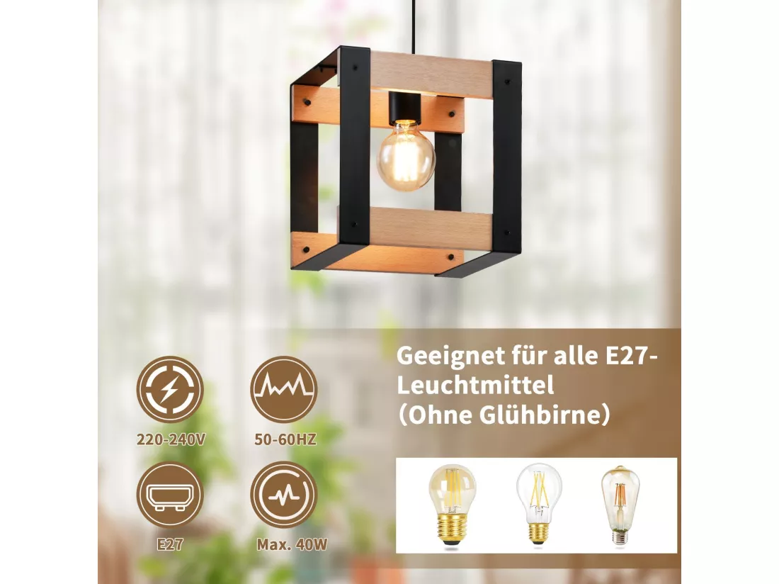 NETTLIFE Suspension Bois Métal Noir E27 Diam.175cm 1 Douille Industrielle Suspension Rétro pour Salle à Manger Salon Cuisine Chambre