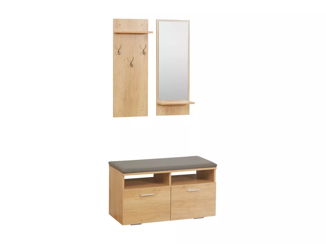 Ensemble de meuble d'entrée - vestiaire d'entrée 3 en 1 - miroir, porte-manteau, banc à chaussures - aspect bois clair gris
