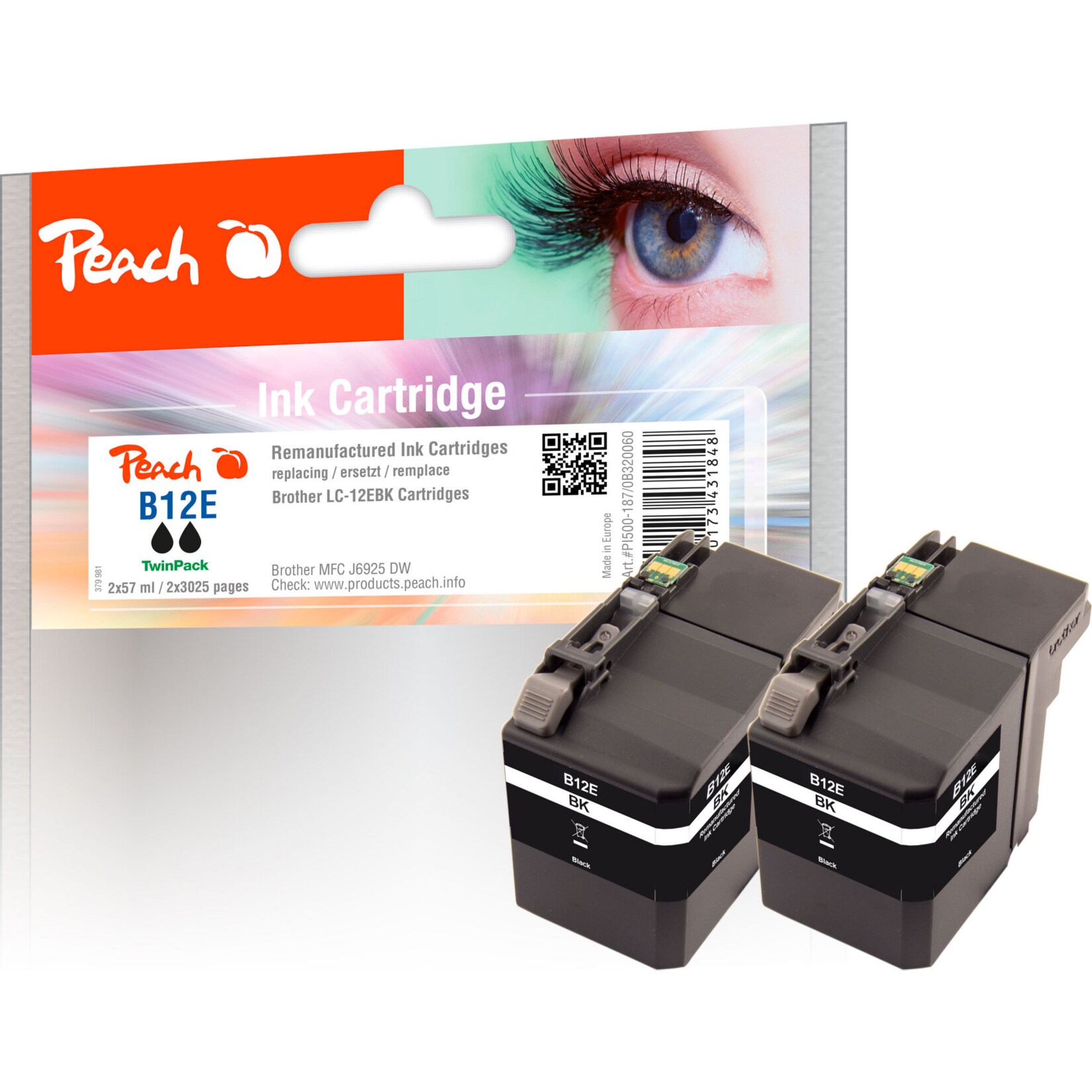 Peach B12 EBK 2 Druckerpatronen 2*bk ersetzt Brother LC-12EBK für z.B. Brother MFCJ 6925 DW (wiederaufbereitet)