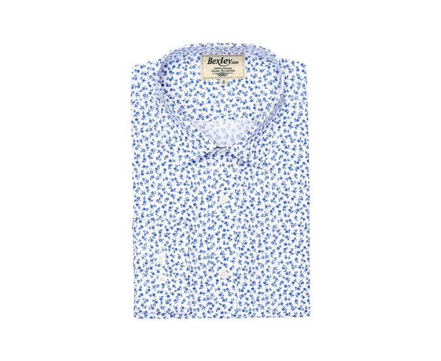Chemise blanche imprimée fleurs bleues - Col français - MATHURIN