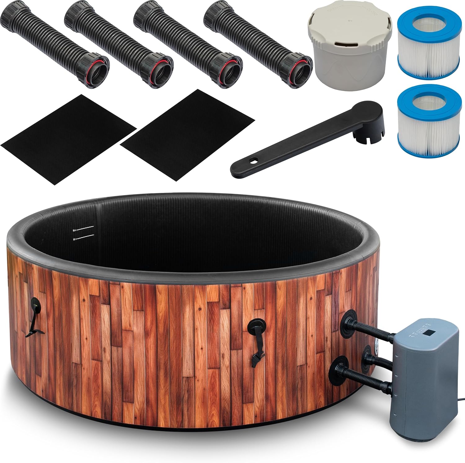 COIL Garten SPA Outdoor Winterfest SPA Outdoor SPA Aufblasbar - 6 Personen, Holzoptik, Robustes DWF-Material, Schnellaufblasbar, Wellness Hydromassage (Teak)