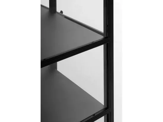 Vitrine avec portes et côtés en verre, structure métallique noire