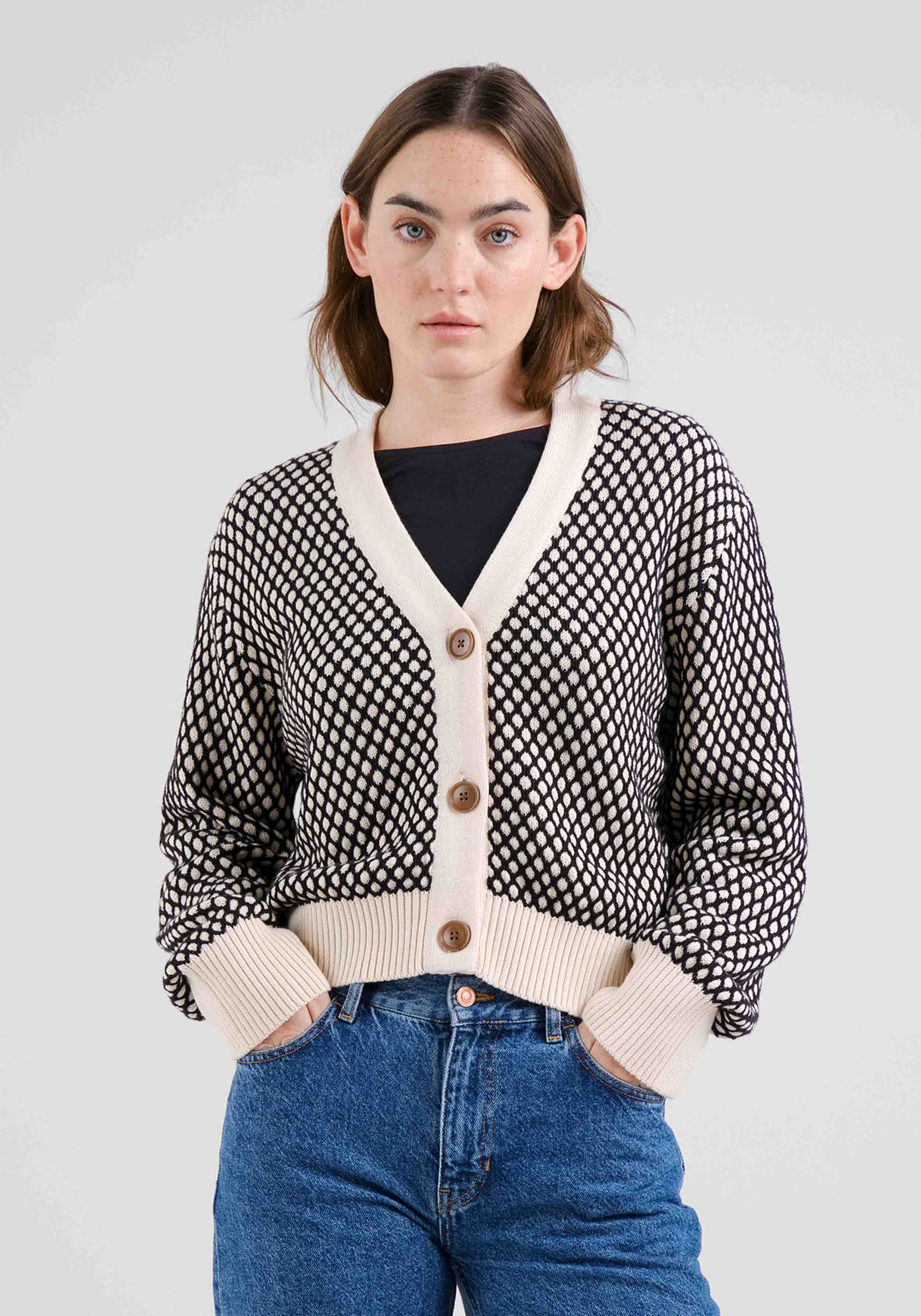 Dedicated Cardigan Kanan Bubble Knit Black/Vanilla Whitecap Gray