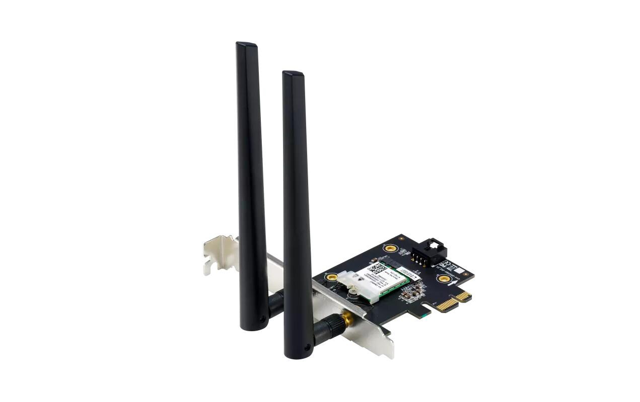 WLAN-AX PCIe Adapter PCE-AXE5400 WiFi-6EWiFi 6E PCI-E Adapter mit 2 externen Antennen. Unterstützt 6GHz Band, 160MHz, Bluetooth 5.2, WPA3 Netzwerksicherheit, OFDMA und MU-MIMO