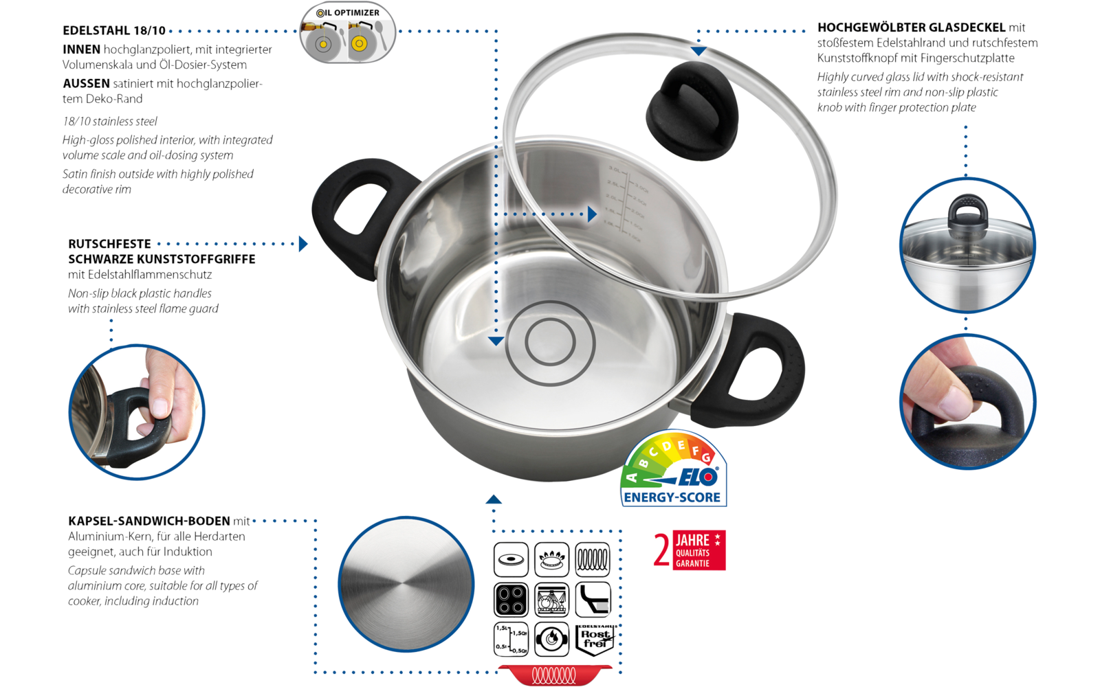 ELO Basic Turmalin Bratentopf aus Edelstahl 16 cm