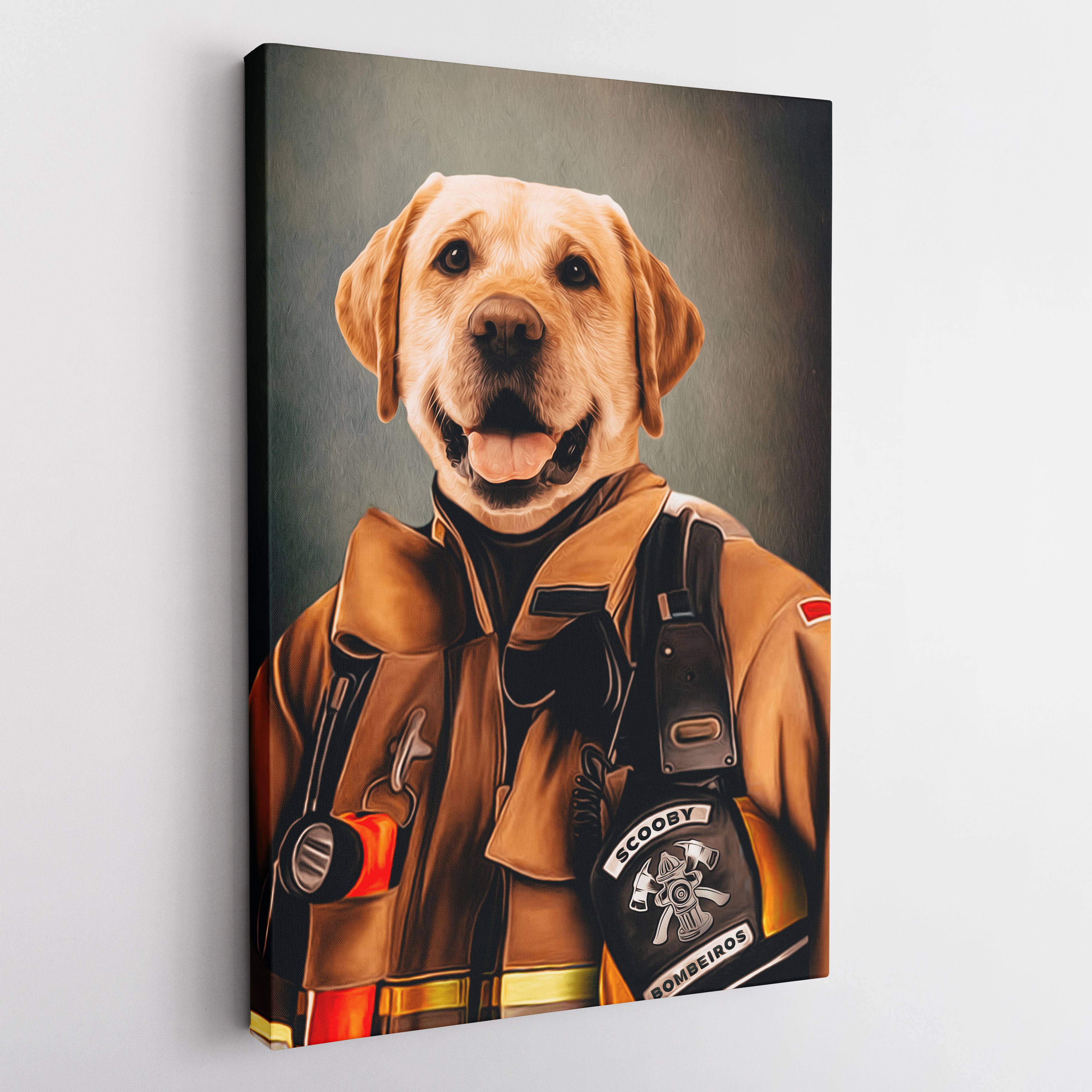 Retrato personalizado de animal de estimação em tela com história de bombeiro