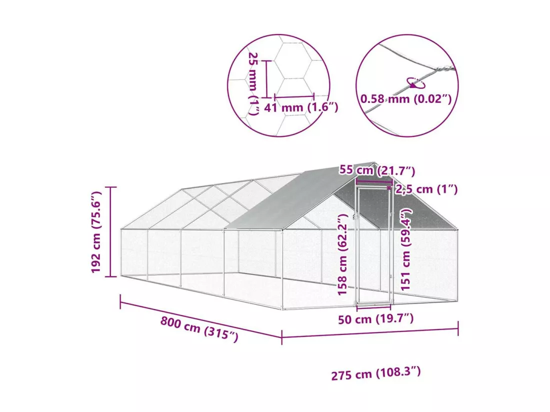Poulailler d'extérieur 2,75 x 8 x 1,92 m Acier galvanisé