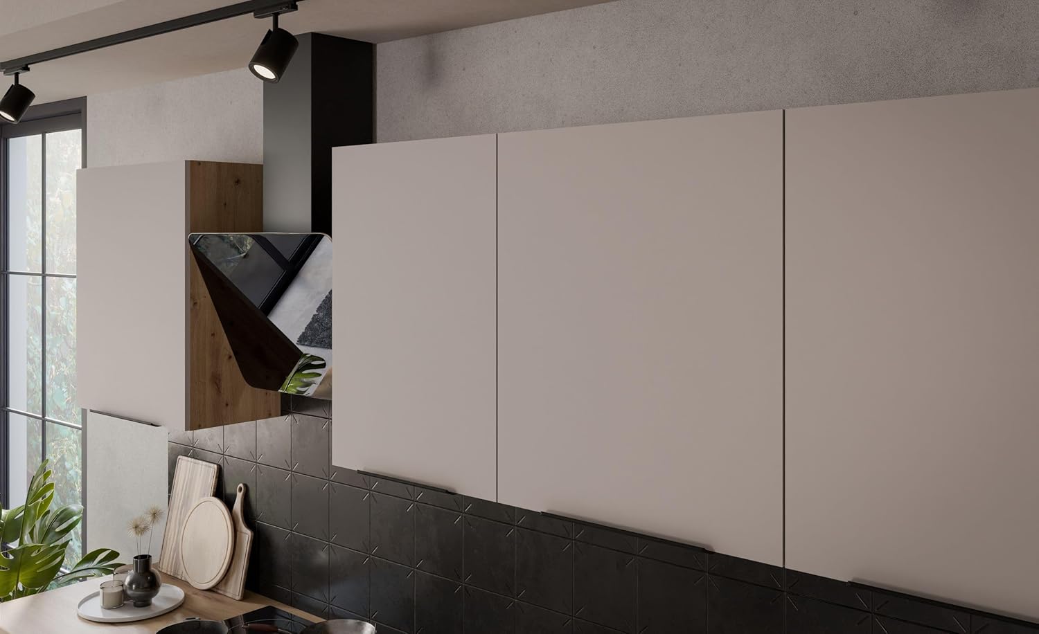 Kuechen-preisbombe Küche Solano 280 + 180 cm Küchenzeile Küchenblock Einbauküche Kaschmir beige matt + Eiche Artisan matt
