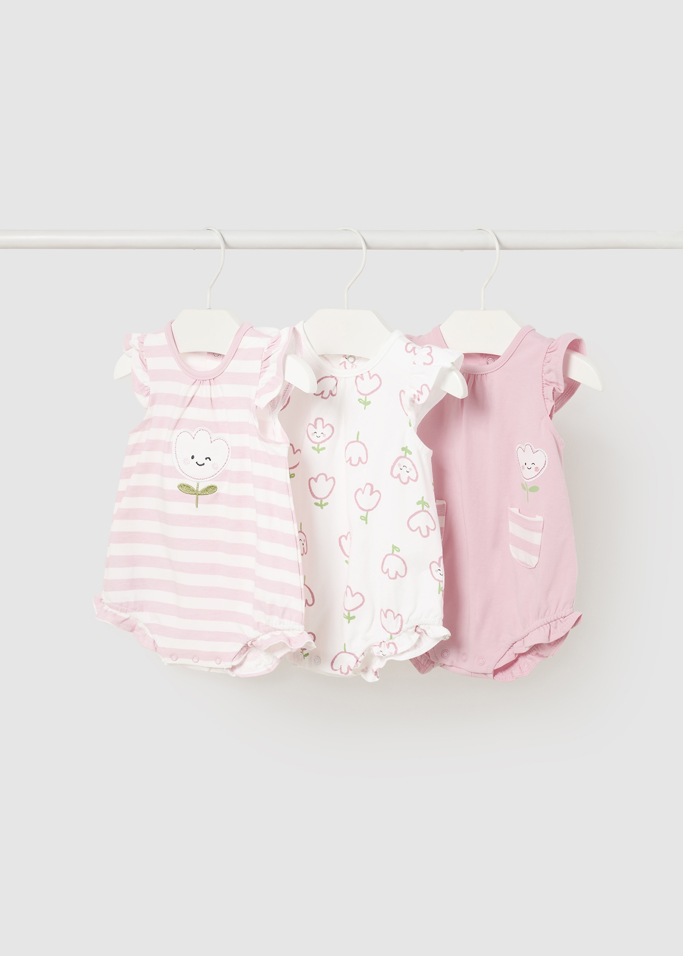 Conjunto de 3 macacões Better Cotton para recém-nascidos, rosa sorvete.