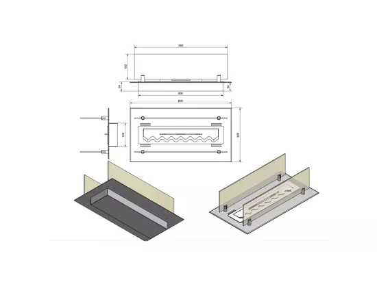 Insert/support brûleur bioéthanol 60cm en inox avec verres inclus