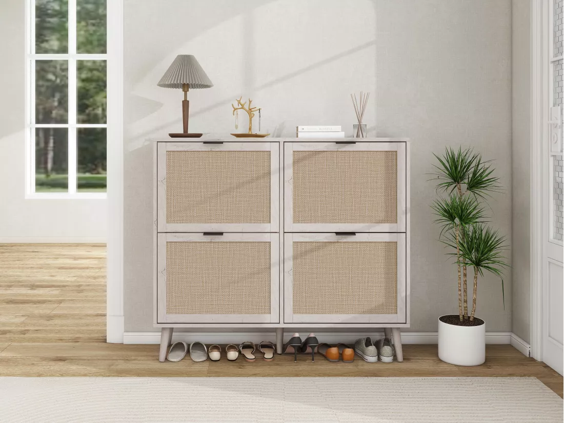 Meuble à chaussures rétro blanc à 4 portes, look en rotin, double étagère, 105 cm, avec fond arrière, idéal pour couloir et espaces similaires