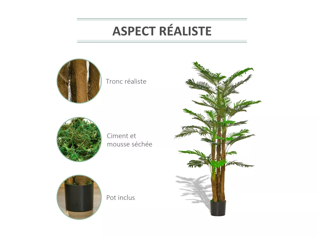 Palmier artificiel H.1,85 m arbre artificiel tronc branches lichen feuilles grand réalisme pot inclus