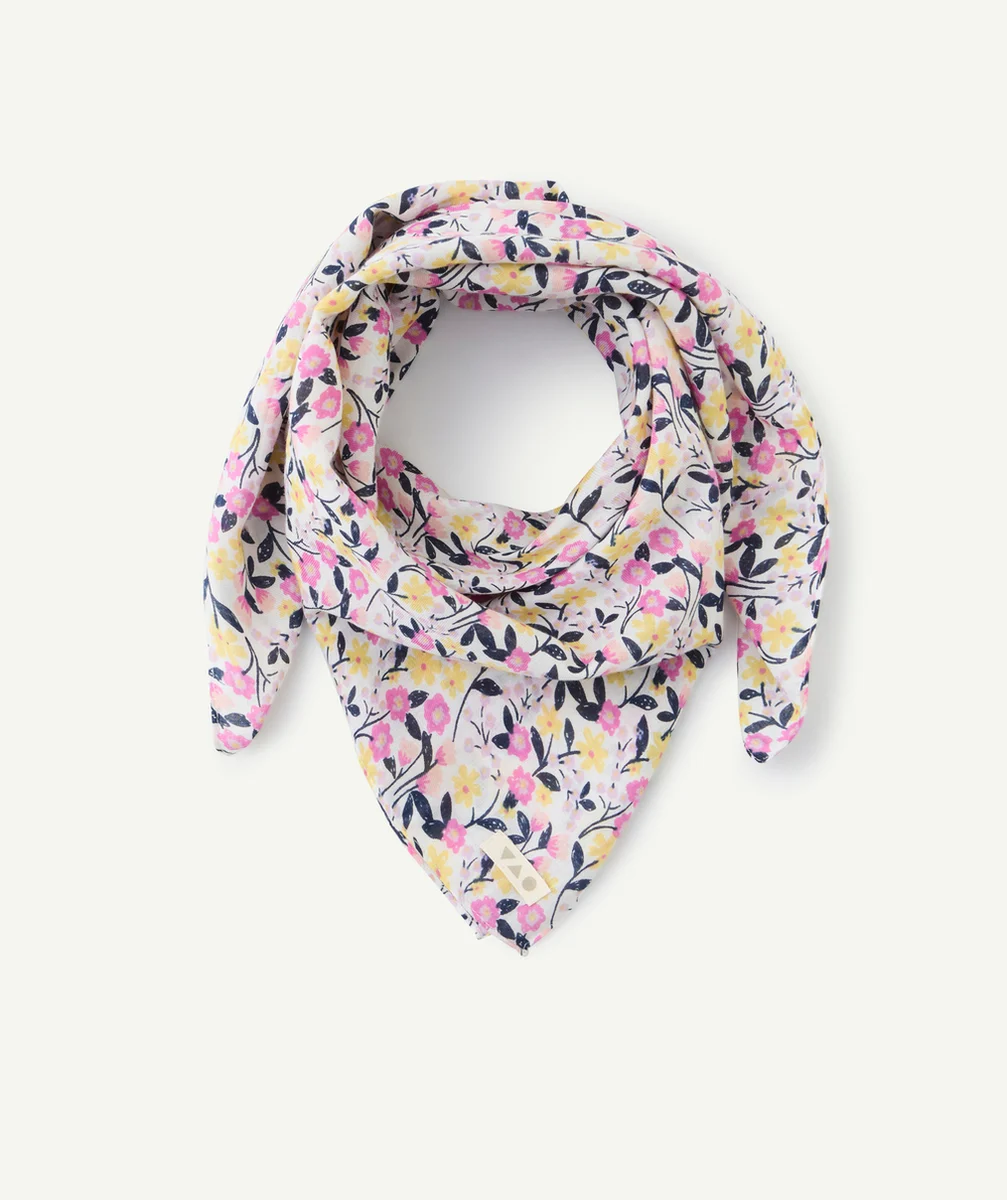 lot de 2 foulards fille en coton imprimé fleuri et écru brodé